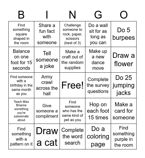 Activity Bingo Card