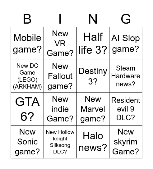 Gaming Bingo Card Bingo Card