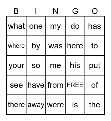 Heart Words Bingo Card
