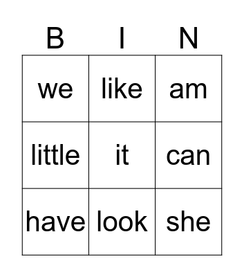 Sight Words 1 Bingo Card