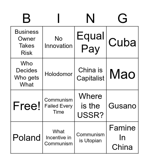 Anti Communist Bingo Card