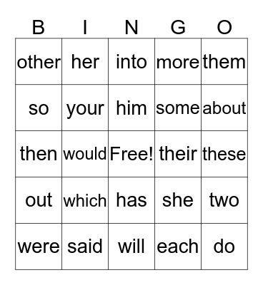 WINTER SIGHT WORDS Bingo Card