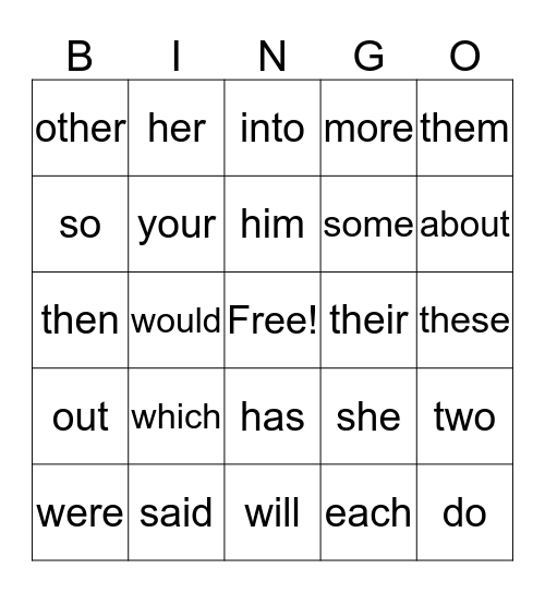 WINTER SIGHT WORDS Bingo Card