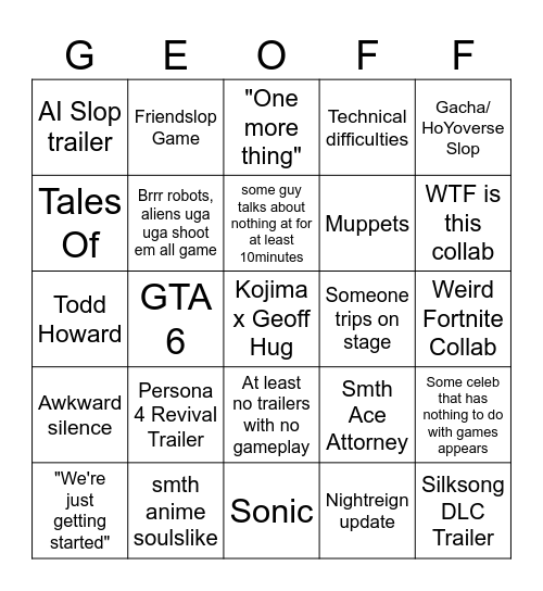 SGF 2026 Bingo Card