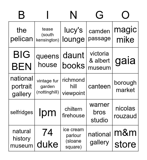 London Bingo Card