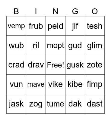 Nonsense words Bingo Card
