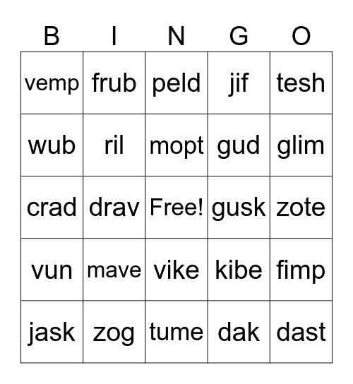 Nonsense words Bingo Card