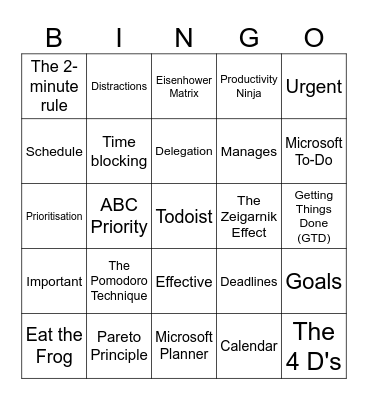 Time Management Bingo Card