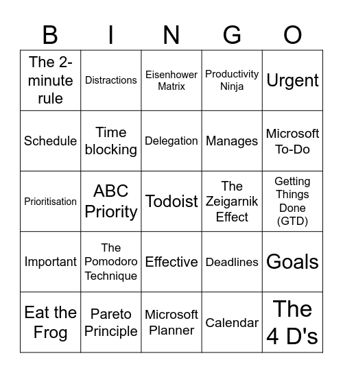Time Management Bingo Card