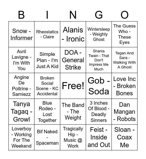 PSW Music Bingo Card