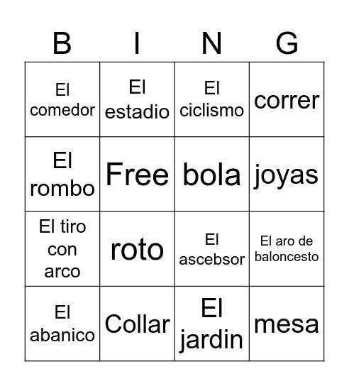 Vocabulario Bingo Card