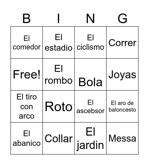 Vocabulario Bingo Card
