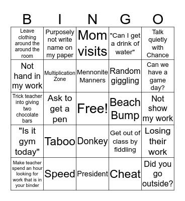 Things I learned in Grade 7 Bingo Card