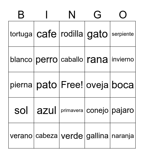 Bingo de Español Bingo Card