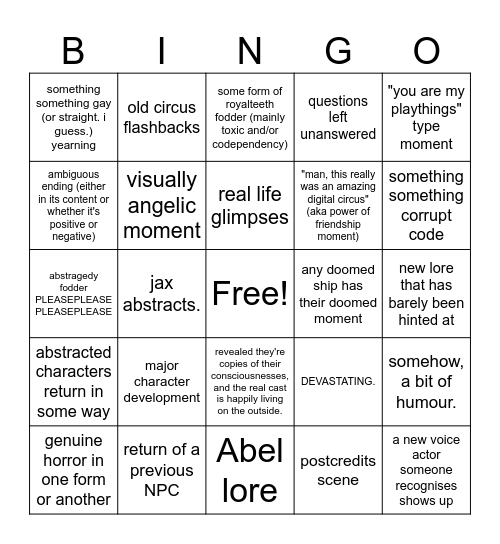 TADC Finale Bingo Card