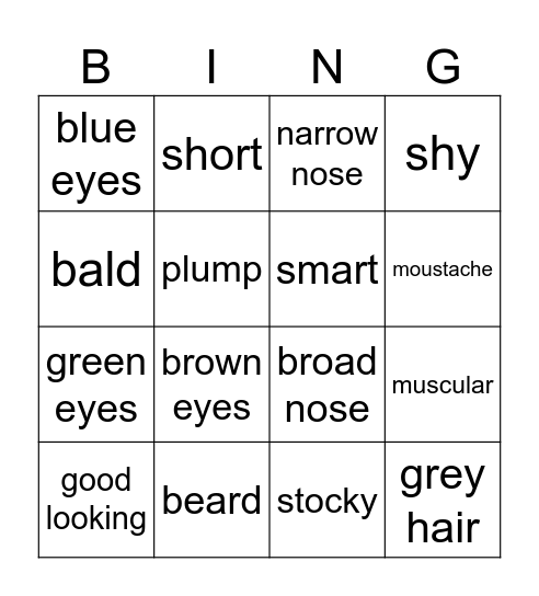 Adjectives Bingo Card