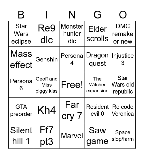 Summer game fest Bingo Card