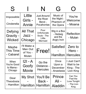 Disney/Broadway Bingo Card