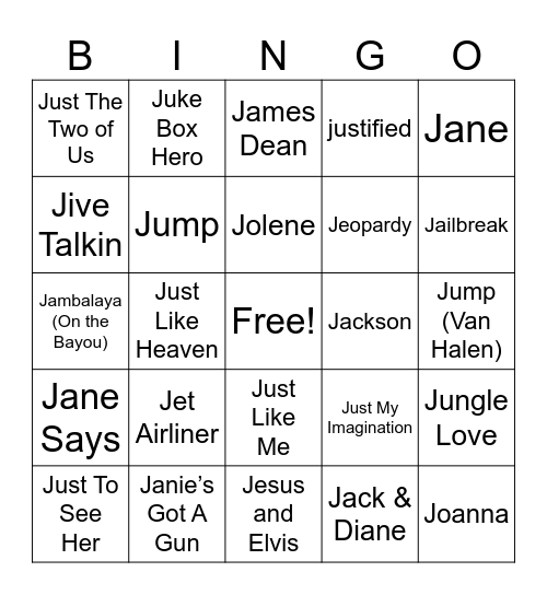 “ J “ Songs Bingo Card