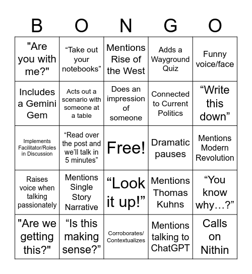 BONGO! Bingo Card