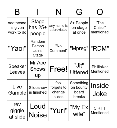 HOA Stage Bingo Card