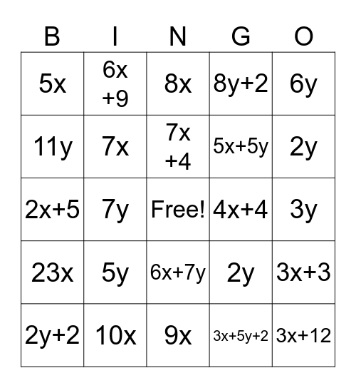 Like Terms Bingo Card