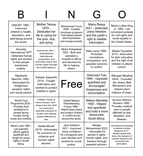 Nobel Peace Prize Bingo Card