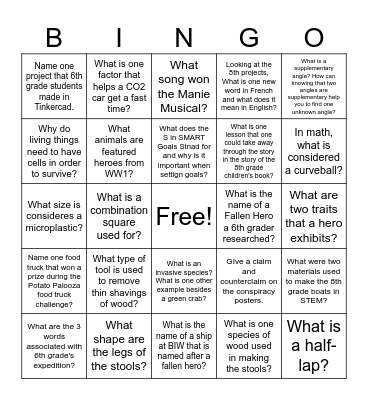 BMS Celebration of Learning Bingo Card