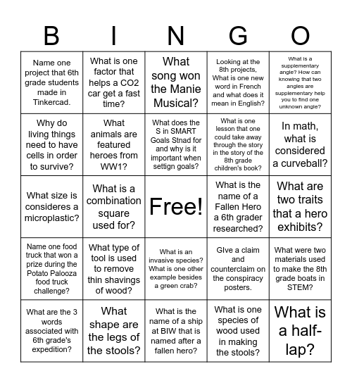 BMS Celebration of Learning Bingo Card