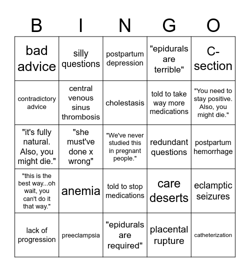 Maternal Health Bingo Card