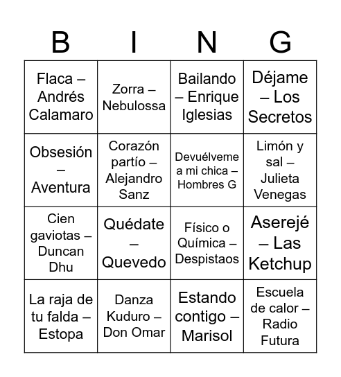 Bingo Musical Bingo Card