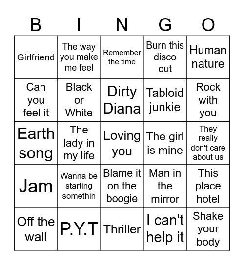 Michael Jackson Bingo Card