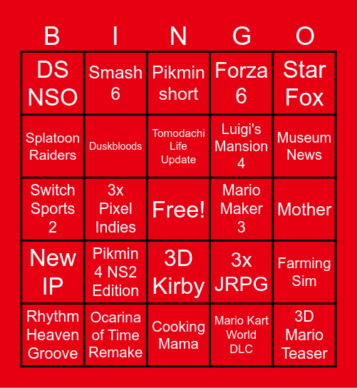Nintendo Switch 2 Direct 6/9 Bingo Card