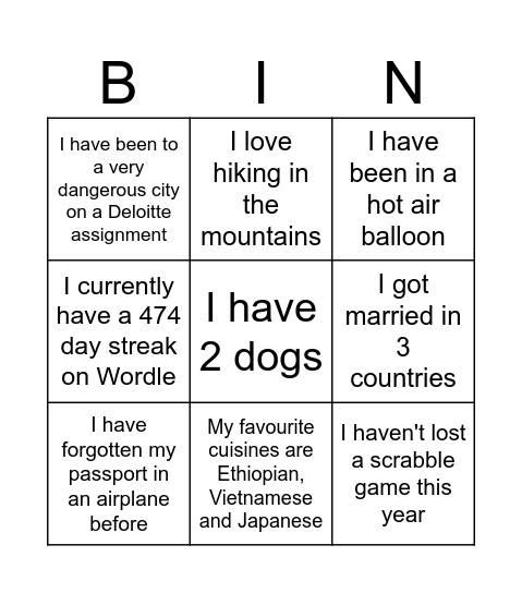 Tali Bingo Card