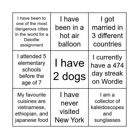 Tali Bingo Card