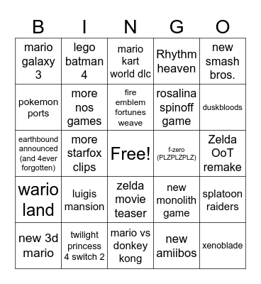 NINTENDO DIRECT HOPIUM Bingo Card