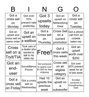Cross Sell Bingo Card