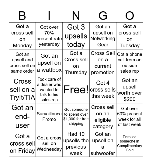 Cross Sell Bingo Card