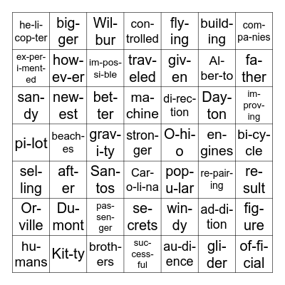First in Flight Syllables Bingo Card