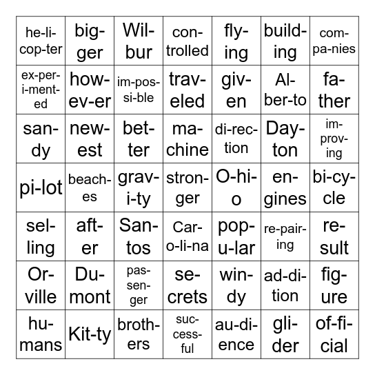 First in Flight Syllables Bingo Card
