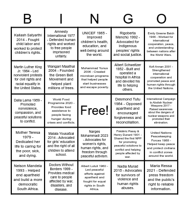 Nobel Peace Prize Bingo Card