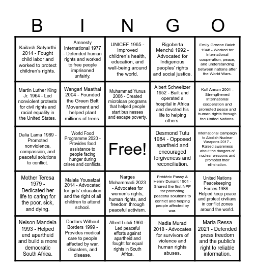 Nobel Peace Prize Bingo Card