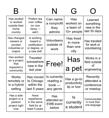 EWB Engineering Connect: Summer Edition Bingo Card