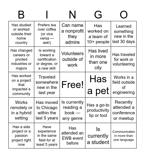 EWB Engineering Connect: Summer Edition Bingo Card