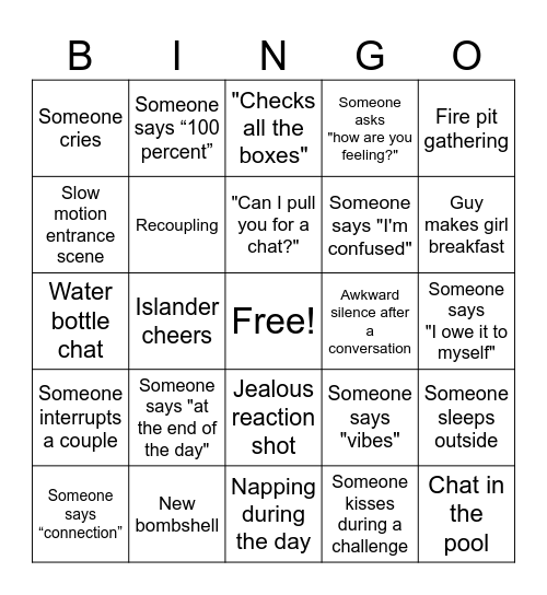 Love Island Bingo Card