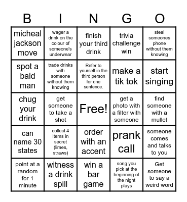 Bar Night Bingo Card