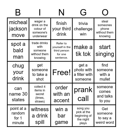 Bar Night Bingo Card