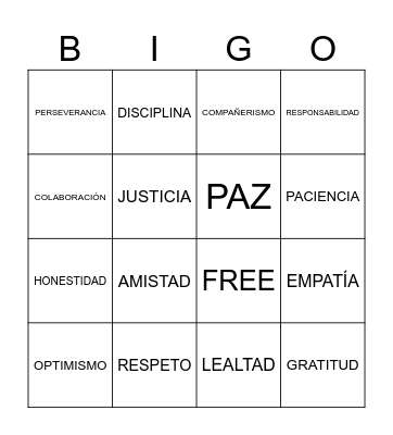 VALORES Bingo Card