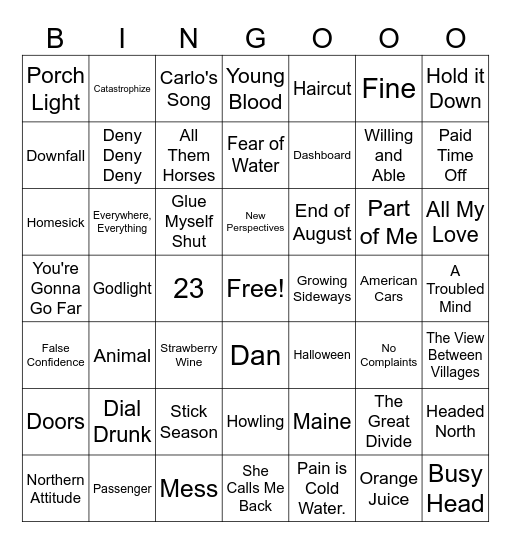 Noah Kahan August - 9 - 2026 Wish List Bingo Card