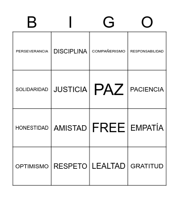 VALORES Bingo Card